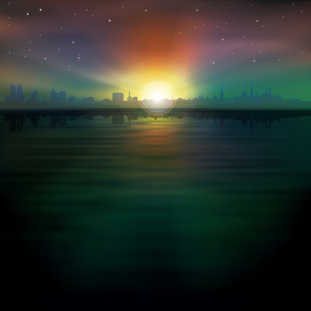 abstract blue background with silhouette of Tallinn and sunriseのイラスト素材