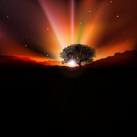 abstract mountains background with sunrise and treeのイラスト素材