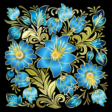 abstract blue floral ornament isolated on black backgroundのイラスト素材