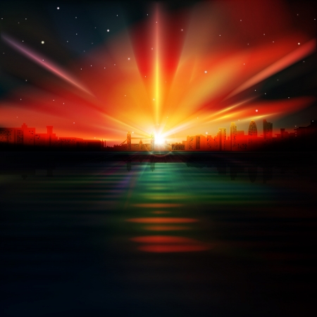 abstract dark red background with silhouette of London and sunriseのイラスト素材