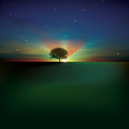 abstract dark background with clouds tree and sunriseのイラスト素材