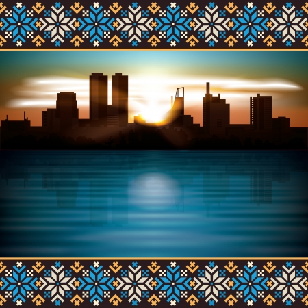 abstract background with etno ornament and silhouette of cityのイラスト素材