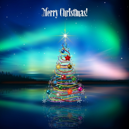 abstract celebration background with Christmas tree and aurora borealisのイラスト素材
