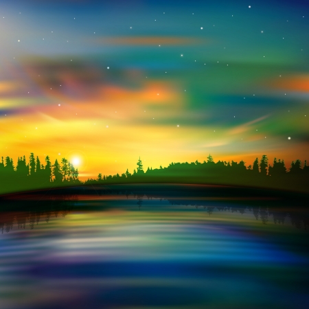 abstract nature background with forest and golden sunriseのイラスト素材