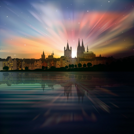 abstract background with sunrise and silhouette of Kolnのイラスト素材