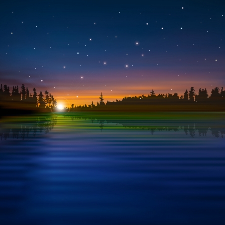 abstract nature with sunset stars and forest lakeのイラスト素材