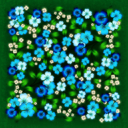 abstract grunge background with blue spring flowers on greenのイラスト素材