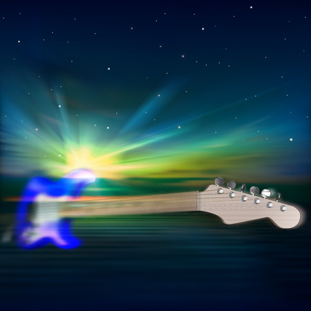 abstract music blue background with electric guitar and sunriseのイラスト素材