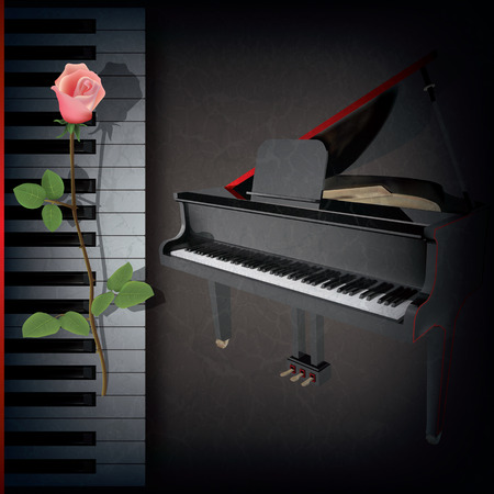 abstract grunge music background with red rose and grand piano on blackのイラスト素材