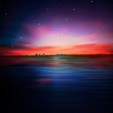 abstract nature background with silhouette of city and red sunsetのイラスト素材