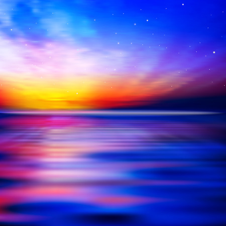 abstract blue nature background with ocean sunset clouds and starsのイラスト素材