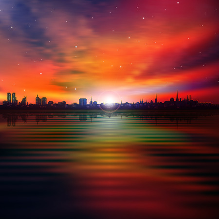abstract red sunset background with silhouette of city and cloudsのイラスト素材