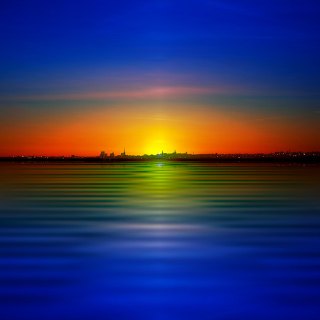 abstract blue background with silhouette of city and golden sunsetのイラスト素材