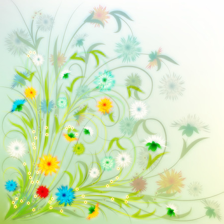 abstract floral illustration with spring flowers on greenのイラスト素材