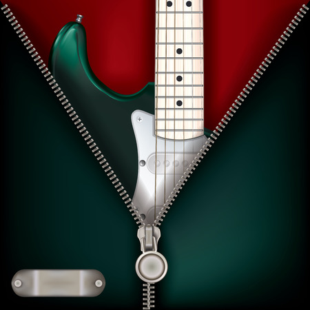 abstract music green background with electric guitar and open zipperのイラスト素材