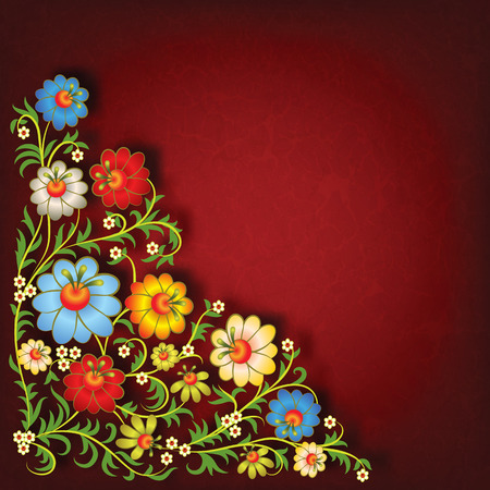 abstract floral ornament with flowers on grunge red backgroundのイラスト素材
