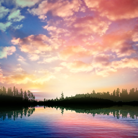 abstract nature background with sunrise on forest lake and pink cloudsのイラスト素材