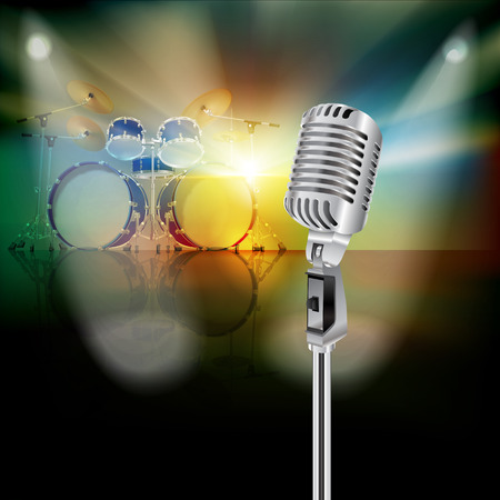 abstract background with drum kit and retro microphone on music stageのイラスト素材
