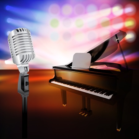 abstract jazz background with piano and retro microphone on music stageのイラスト素材