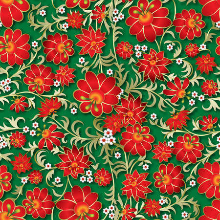abstract seamless red floral ornament and shadow on green backgroundのイラスト素材