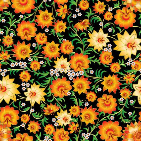 abstract yellow seamless floral ornament isolated on a black backgroundのイラスト素材