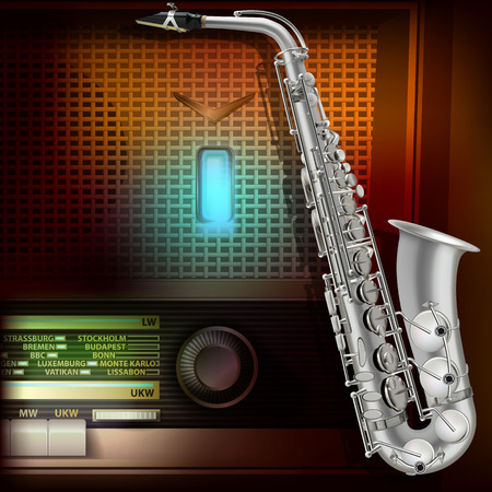 abstract music background with saxophone and retro radioのイラスト素材