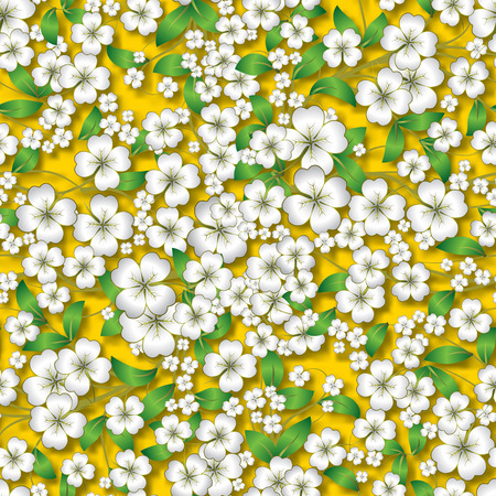 abstract white seamless spring floral ornament on yellow background and shadowsのイラスト素材