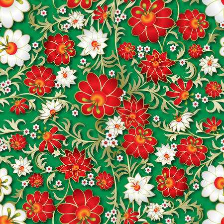 abstract seamless floral ornament and shadow on green backgroundのイラスト素材
