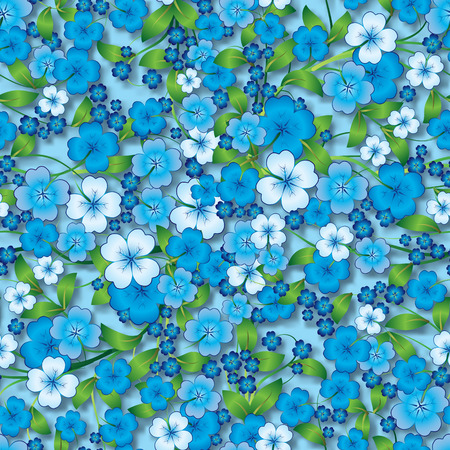abstract blue white seamless spring floral ornament on blue background and shadowsのイラスト素材