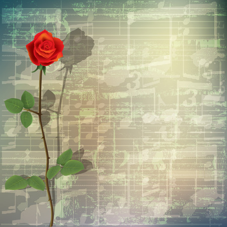 abstract grunge green cracked music symbols vintage background with red roseのイラスト素材