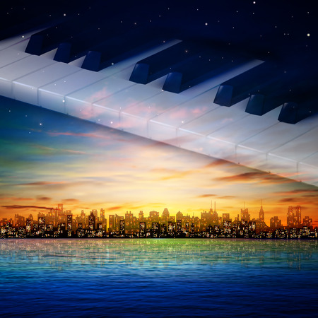 abstract sunrise background with silhouette of New York and piano keysのイラスト素材