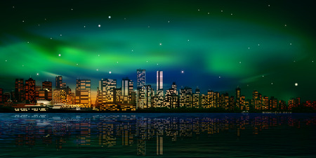 abstract city background with panorama of vancouver and green sunsetのイラスト素材