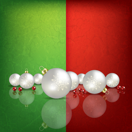 Celebration greeting with white Christmas decorations on green red backgroundのイラスト素材