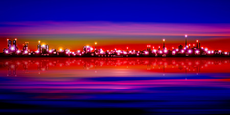 abstract pink red sunset background with silhouette of Tallinn vector illustrationのイラスト素材