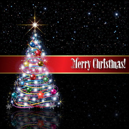 Celebration greeting with Christmas tree and snowflakes on black backgroundのイラスト素材