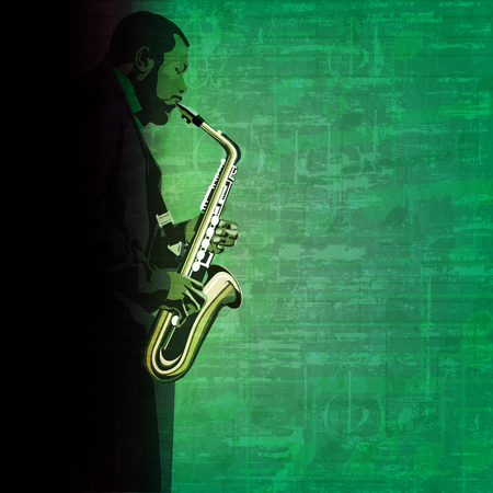 abstract music illustration with saxophone player on green grunge backgroundの素材 [FY310123260781]