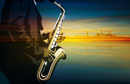 abstract blue illustration with saxophone player on cityscape backgroundのイラスト素材