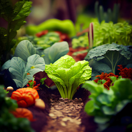 Vegetable garden with green plants and soil. Selective focus.の素材