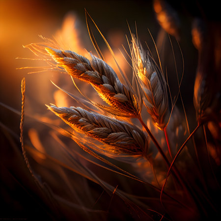 Ears of wheat on a background of the sunset. 3d renderingの素材