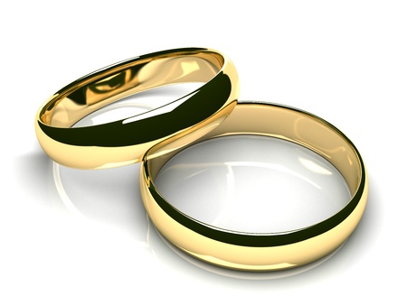 Two gold wedding rings on white glossy background  3D render の写真素材