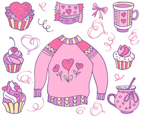Cupcake, pullover, cup, heart and love. Set with valentines day. Vector isolated objects for your design. Hand drawn collection. Vector illustration EPS 8.のイラスト素材