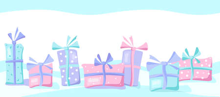 Gift Boxes with a bow. Holiday and birthday gifts cartoon banner. Christmas, new year, Valentine day or anniversary. Vector isolated objects for your design. Lots of presents in flat style.のイラスト素材