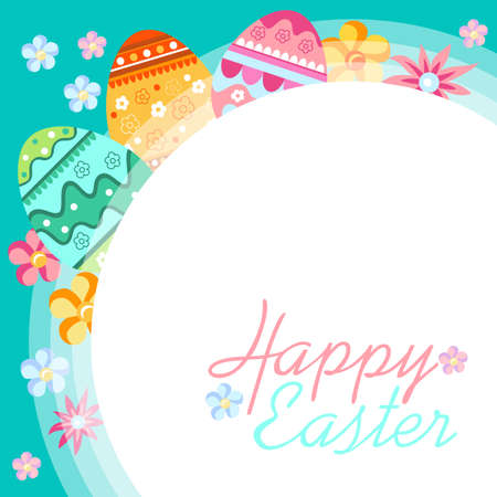 Frame with Easter eggs yellow, green, red, orange colors. Easter illustration for greating card, banner, sale posters, postcard, invitations, advertisements. Vector EPS 10.のイラスト素材