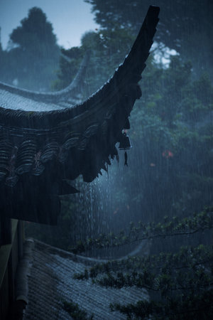Taoist temple in the rain, The rain fell from the eaves like a waterfall.