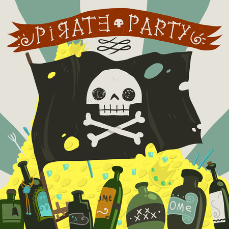 The vector greeting card of halloween pirate party with pirate flag, rome and treasure.のイラスト素材