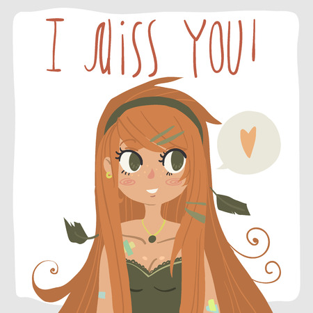Vector cartoon romantic card. For game presentation, user interface tablet, smart phone. With cute ginger red head girl.のイラスト素材