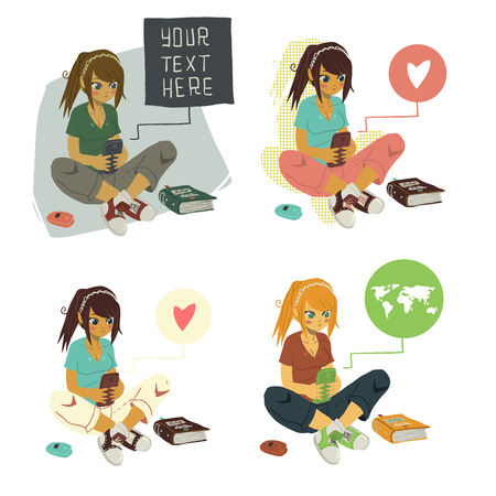 The vector illustration of young cartoon girl writing message on her mobile phone for ui, web games, tablets, wallpapers, and patterns.のイラスト素材