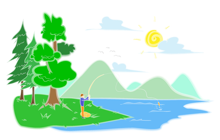 Fisherman's Horizon, a hand drawn vector illustration of a fisherman, fishing at the lake in beautiful landscape filled with mountains and trees, isolated on a white background editable.のイラスト素材