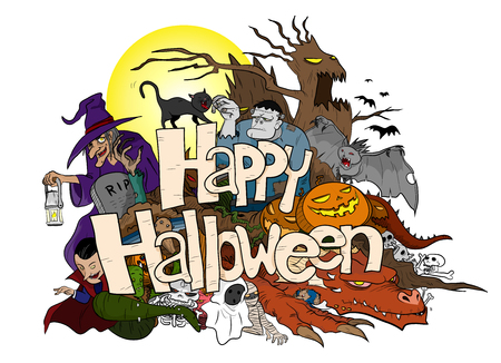 Happy Halloween, a hand drawn vector illustration of Happy Halloween theme, filled with Halloween themed creatures and characters, isolated on a white background.のイラスト素材