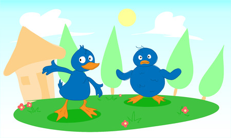 Happy Life, a hand drawn vector illustration of a duckling and a chick living a happy life in a peaceful village editable.のイラスト素材